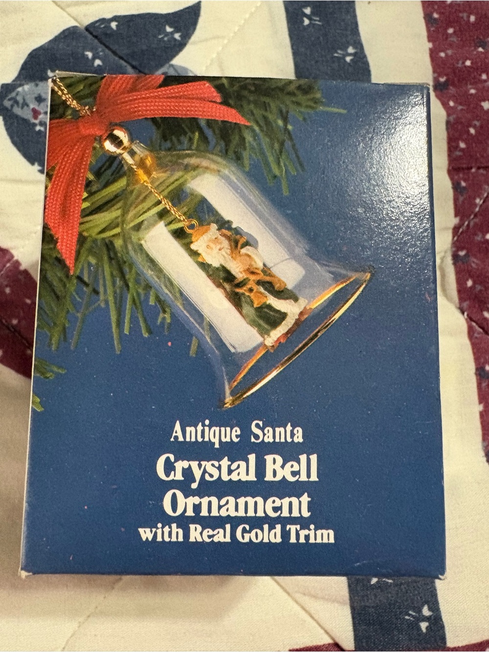 Vintage Crystal Bell Ornament Antique Santa Claus with Real Gold Trim 3” in Box